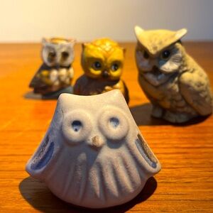 Collectable vintage miniature owls set of four Japanese Pottery Wood Mcm